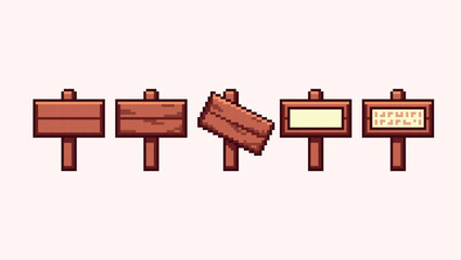 Wooden signs, guidepost pixel art set. Rustic timber road pointer collection. 8 bit sprite. Game development, mobile app. Isolated vector illustration.