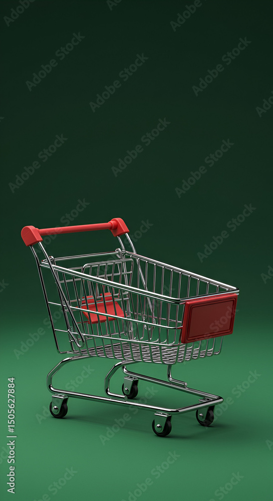 Poster empty shopping cart on a solid green background. a chrome shopping cart with red handles and a red p