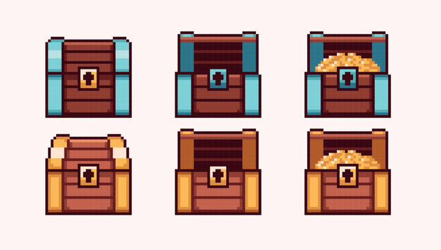 Wooden and golden chest pixel art set. Treasure box collection. 8 bit sprite. Game development, mobile app. Isolated vector illustration.