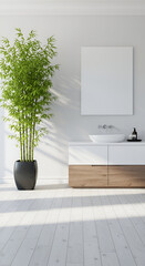 Modern bathroom interior with a minimalist aesthetic. Empty space with a potted bamboo plant, modern vanity unit and a large blank mirror.