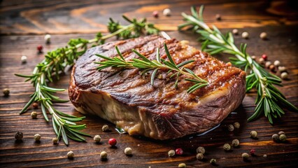 A juicy steak with fresh thyme and rosemary leaves on top , meat, dinner,  meat, dinner, cuisine