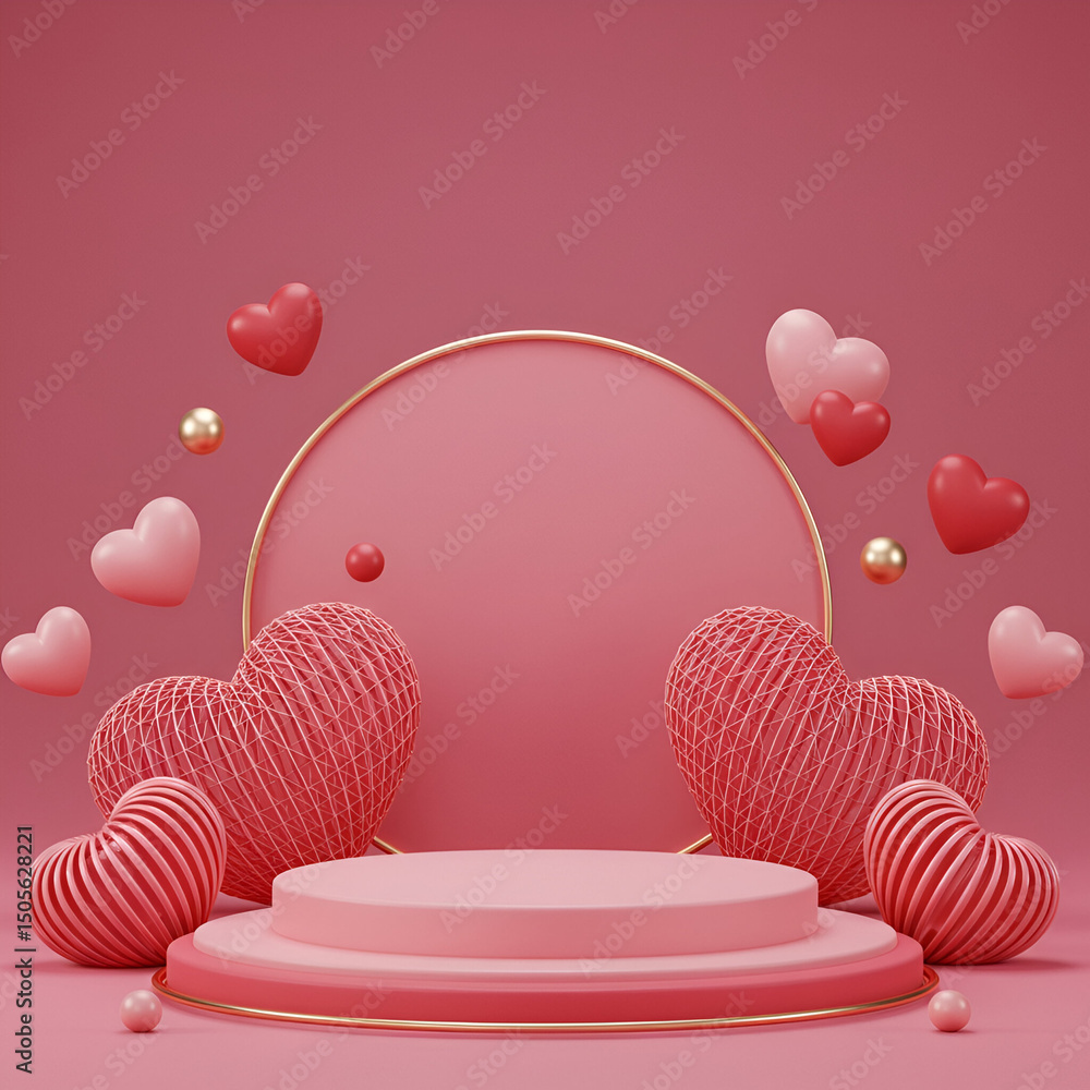 Aufkleber Pink heart-shaped objects with gold accents on a soft pink background. Empty display podium for a product presentation with floating hearts and round objects.