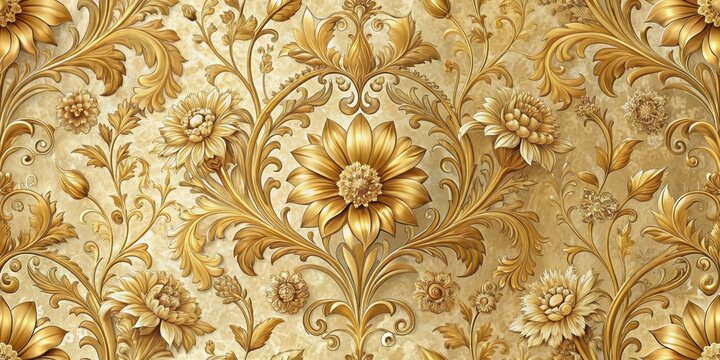 Intricately designed floral wallpaper with golden hues and ornate patterns featuring intertwined flowers and foliage , luxury interior, elegant decor