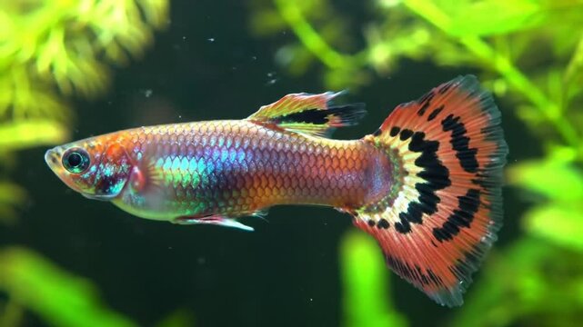 Ultra high-resolution macro video of champion guppy fish with metallic silver and rose gold body, gold dorsal stripe, flowing black and gold caudal fin, cinematic lighting, aquatic plant background