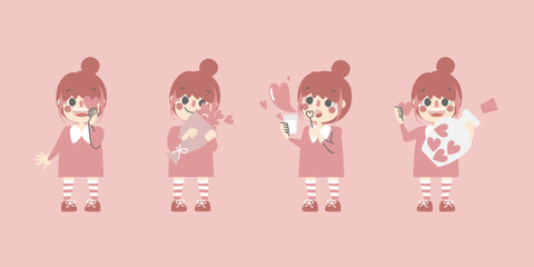 collection set of cute and lovely girl falling in love with heart, happy valentines day, birthday, love concept, flat vector illustration cartoon character costume design