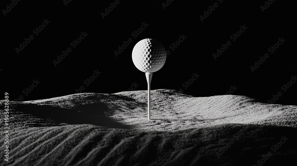 Poster the image features a fashionable golf ball positioned on a tee, with a dark background, created usin