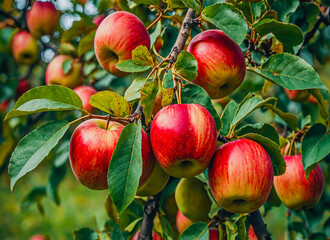Autumn Orchard Bounty of Red Apples Ready for Picking on Lush Green Branches