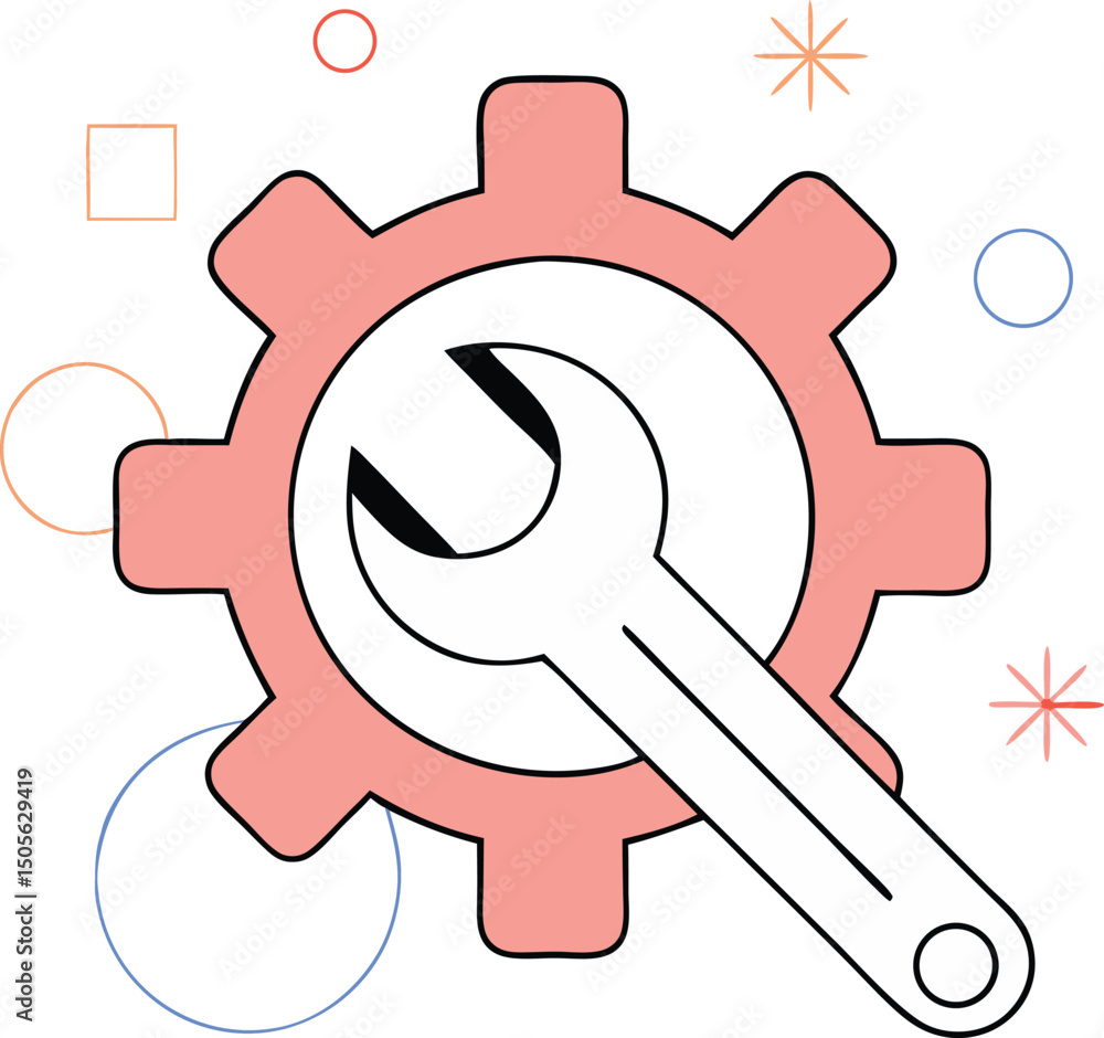 Poster gear and wrench icon with abstract shapes on a transparent background