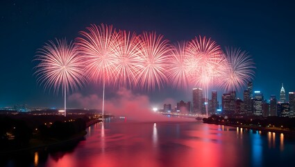 Spectacular Fireworks Display Over City Skyline at Night Vibrant Red and Pink Explosions Reflecting on Calm Water
