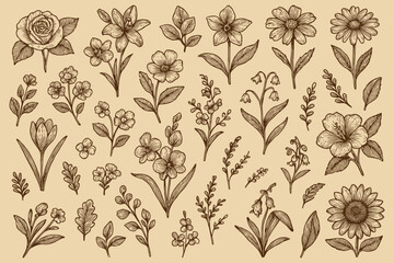 Fototapeta premium Elegant floral pattern illustration showcasing a variety of botanical drawings in a seamless design