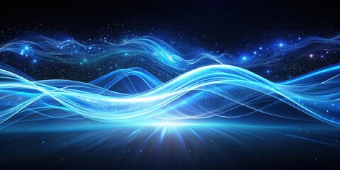 Fototapeta premium Swirling blue light waves on a dark canvas create a mesmerizing futuristic ambiance, glowing waves, cosmic background