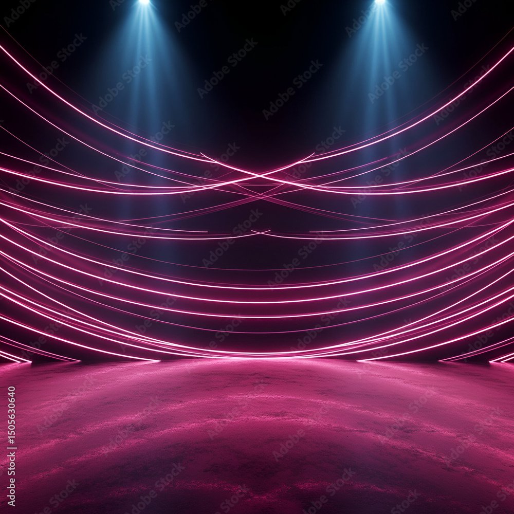 Poster neon pink and blue light display on a dark space with a textured pink floor. abstract lines with spo