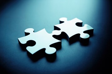 Connected puzzle pieces on a dark blue surface signifying teamwork and solutions