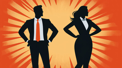 confident man and woman stand in power poses, silhouetted against a vibrant orange burst background.