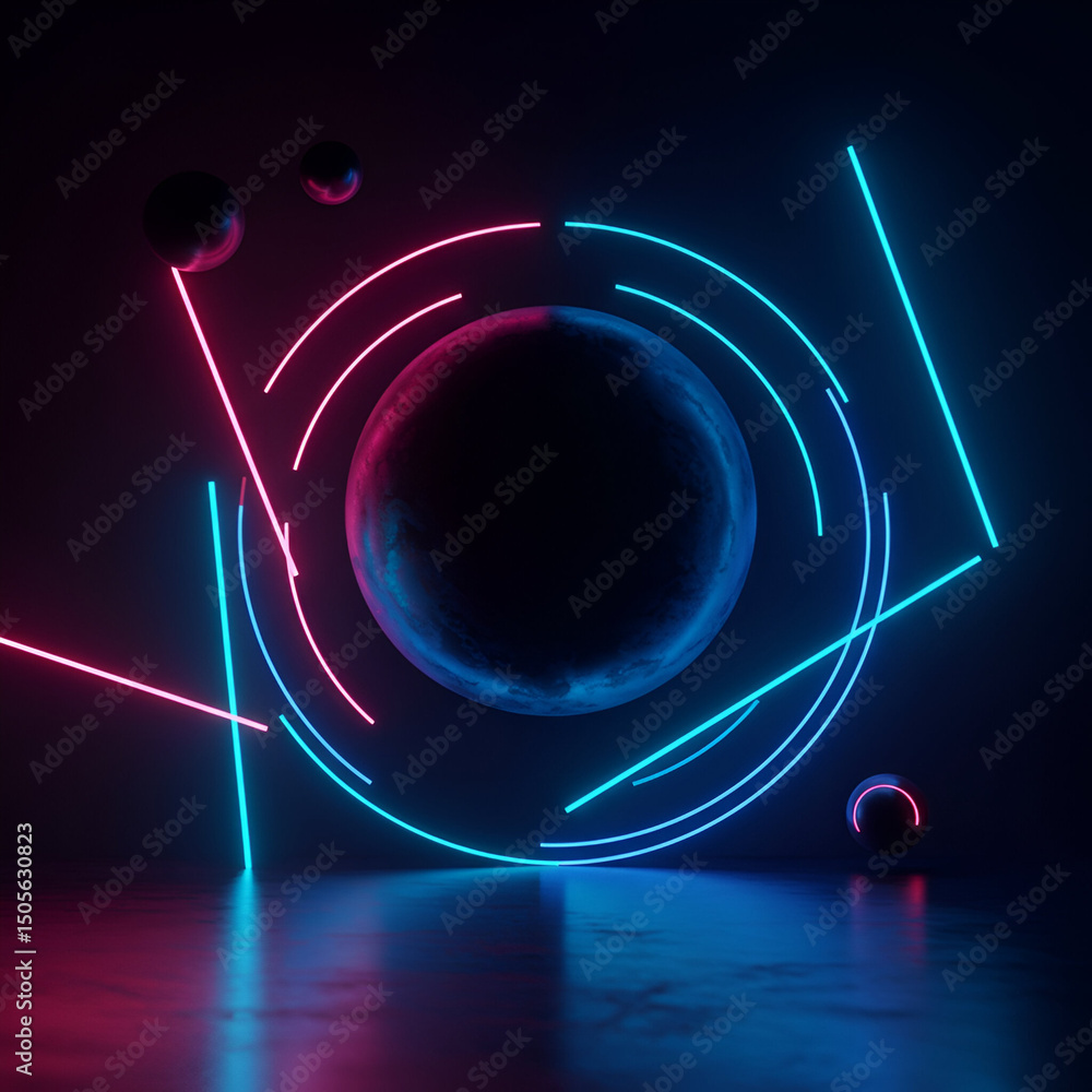Aufkleber abstract glowing sphere with neon lighting in a dark space. floating sphere surrounded by concentric