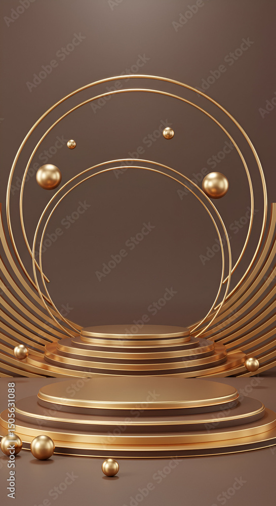 Poster gold podium display with brown accents in a modern setting. empty stage with floating spheres and el