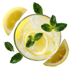Top view of lemon-lime soda with floating lemon slices on transparent background

