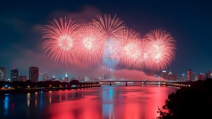 Spectacular Fireworks Display over City Skyline at Night, Reflecting in Calm Waters
