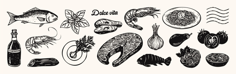 Hand drawn different mediterranean food set. Doodle sketch La dolce vita elements collection.