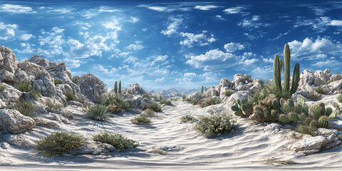 Spherical 360 degrees panorama view in equirectangular projection, wild natural landscape of a beautiful desert of dry white sand and dunes with spare vegetation and cacti under a white cloudscape 