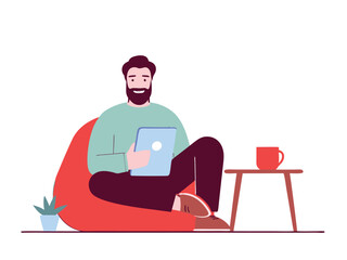 Relaxed Man Using Tablet in Bean Bag Chair Vector Illustration