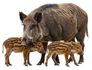 A wild boar mother together with its two striped baby hogs