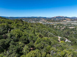 Aerial photos of a forested hillside in San Rafael, California, highlighting dense tree coverage, winding roads, and panoramic views of surrounding hills, residential properties, and the San Pablo Bay