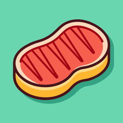 Stylized grilled steak illustration on a teal background with black borders