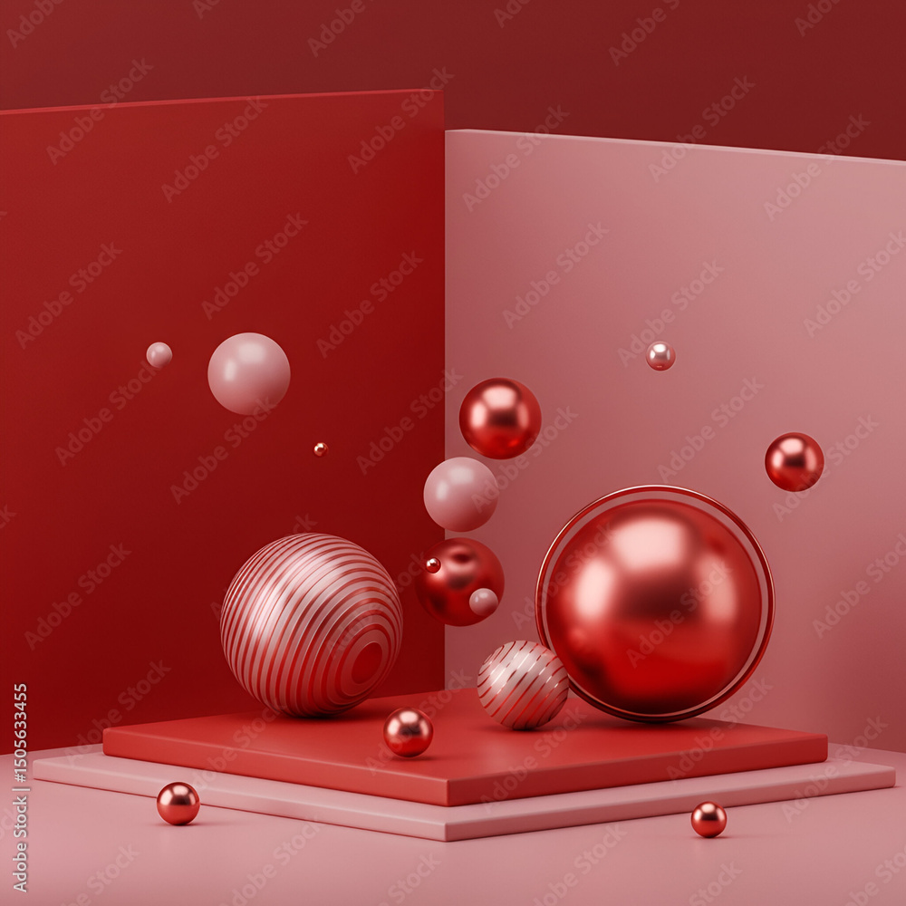 Poster red and pink geometric abstract display with floating balls