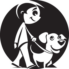 Cute cartoon-style silhouette of a child joyfully walking a smiling dog. Perfect for kid-friendly pet brands, dog daycare centers, and educational content.