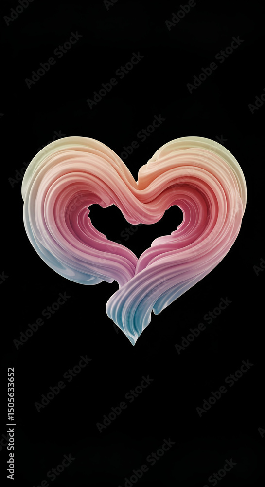 Poster abstract heart shape with a spectrum of pastel colors in a smooth, flowing design. dynamic, 3d rende