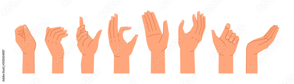 Poster sequence of palm gestures that american sign language. vector letters of asl alphabet, forming words