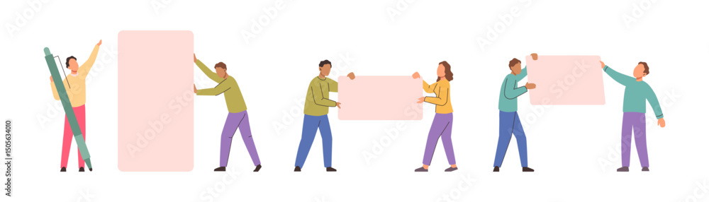 Aufkleber Characters holding blank paper sheets and pencil to sign. Vector in flat style, business documentation or presentation of idea. Displaying or advertising, pitching or showing empty poster