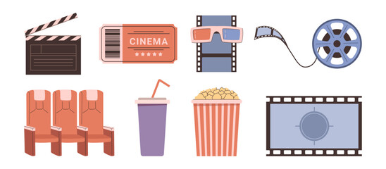 Cinema icons set. Vector isolated popcorn box package and big movie reel, clapper and ticket, 3d glasses and chairs, film strip and drinking. Cinematography and recreation, leisure time