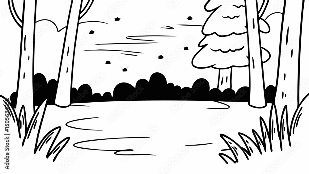 Poster a simple black and white line drawing of a forest scene with trees and foliage in the foreground cre