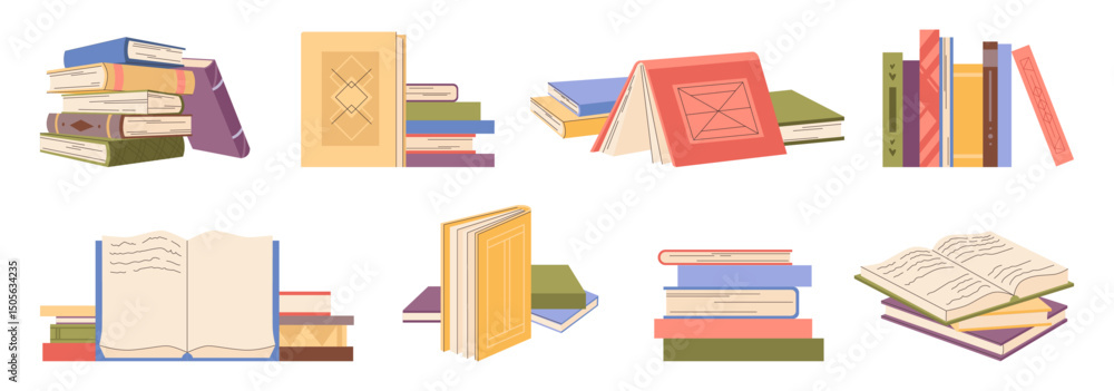 Poster Closed and open journals with handwriting. Vector isolated set of books and textbooks for education and studying. Notes or encyclopedia publishing. Bookstore or shop, university library