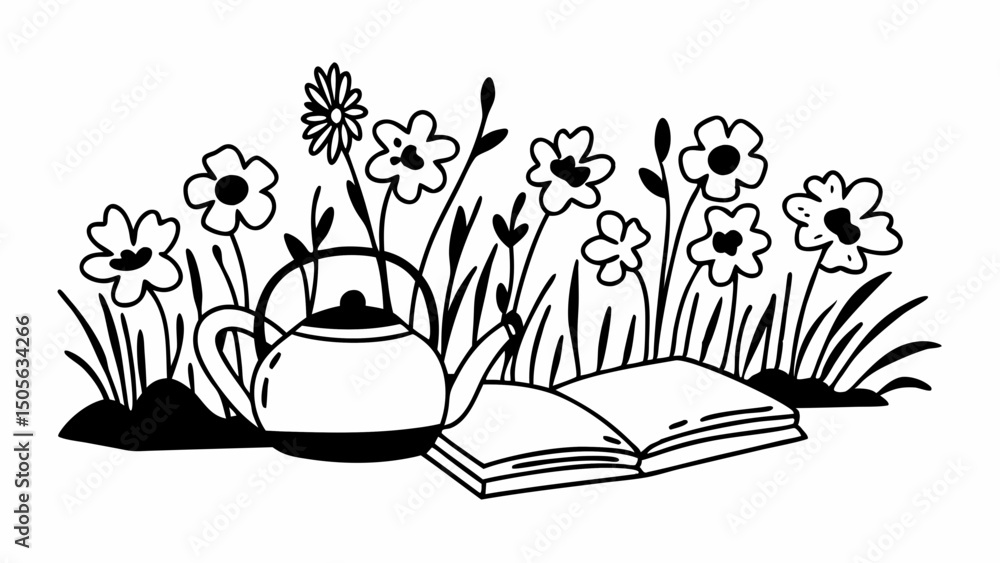 Aufkleber illustration of a teapot and open book surrounded by flowers and grass in a garden setting design cr