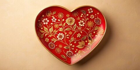 Fototapeta premium Vibrant red heart-shaped plate with delicate floral patterns and golden accents on a neutral background, decoration