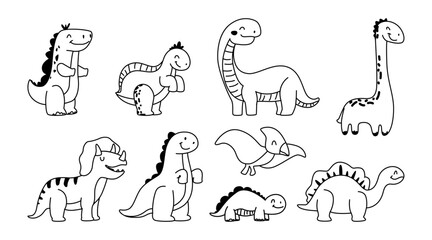 Smiling Jurassic dinosaurs set, isolated kiddish prehistorical dino draws. Vector cute monochrome characters. Strgozaurus and pelosaurus, triceratops and ankylosaurus, tyrannosaurus and pterodactylus