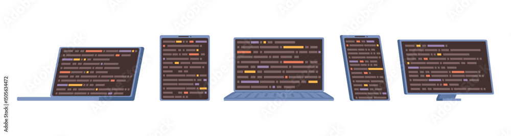 Aufkleber Application development and quality assurance service. Vector isolated laptops, tablets and personal computer with coding programs. Programming or developing software with codes on screens