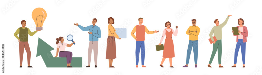 Poster Brainstorming and creative thinking, implementing innovative ideas. Vector characters with lightbulb, laptop and magnifying glass working on projects. Developers or programmers with tasks in office