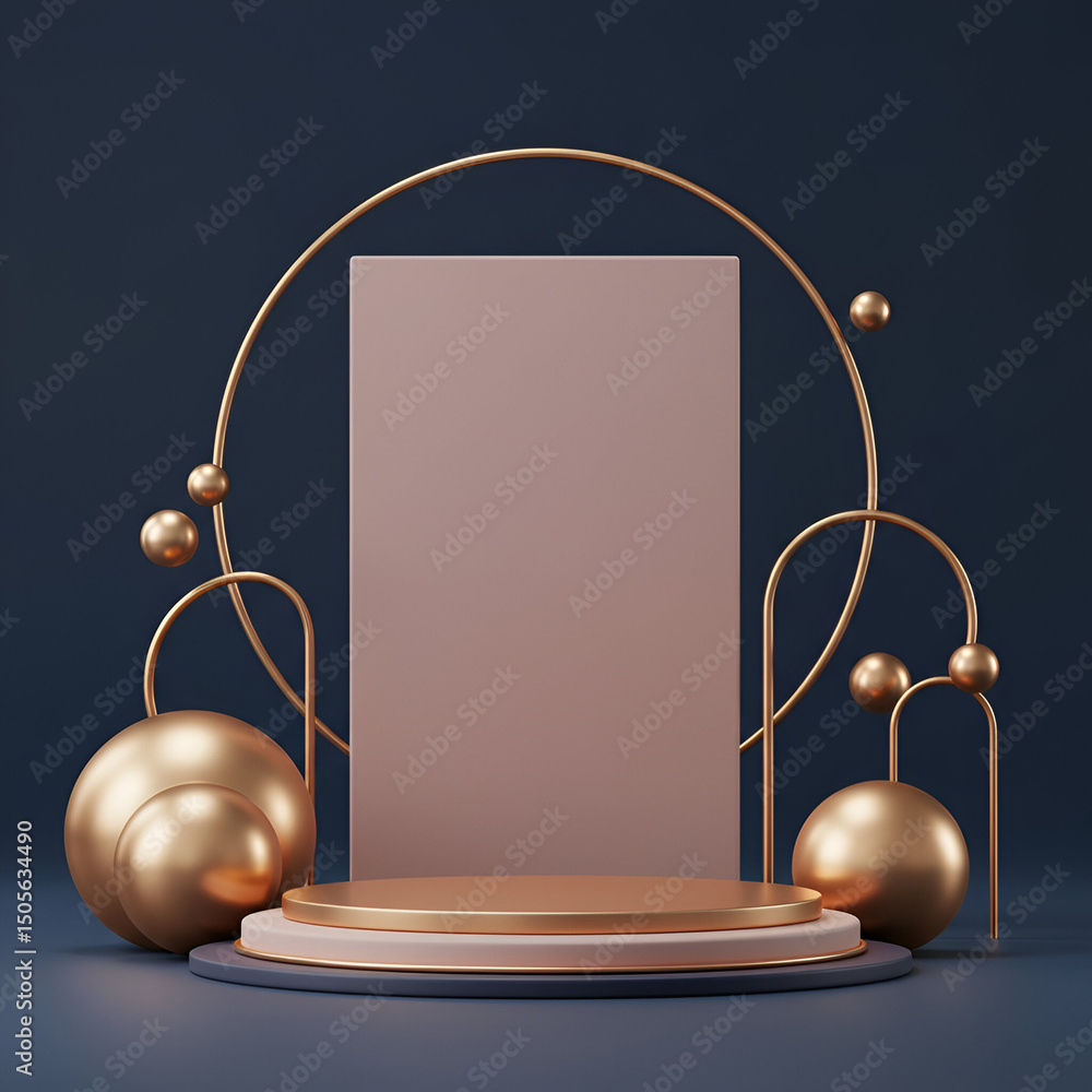 Aufkleber modern geometric display podium with golden accents and neutral backdrop. abstract shapes and round 