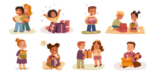 Cheerful young child characters smiling while holding wrapped gift boxes. Vector isolated set of girls and boys with presents. Holiday promotions or birthday themes, kids celebrations and advertising