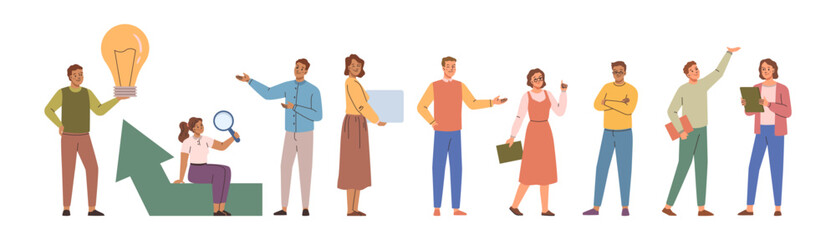 Brainstorming and creative thinking, implementing innovative ideas. Vector characters with lightbulb, laptop and magnifying glass working on projects. Developers or programmers with tasks in office