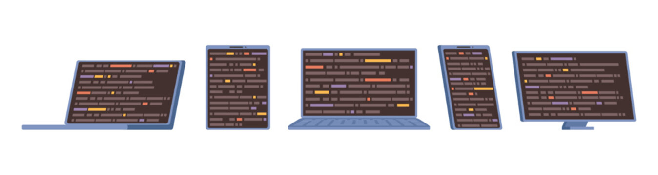 Application development and quality assurance service. Vector isolated laptops, tablets and personal computer with coding programs. Programming or developing software with codes on screens