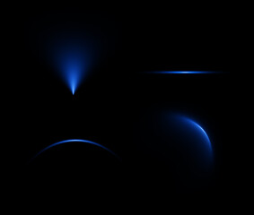 Set of abstract blue lights.Lens flare effects for overlay designsDesign collage of blue lights, linear, source, dome, arc, reflector effect. 