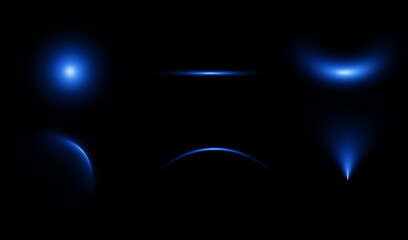 Set of abstract blue lights.Lens flare effects for overlay designsDesign collage of blue lights, linear, source, dome, arc, reflector effect. 