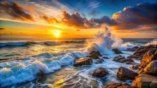 ocean waves crashing on rocky shoreline at sunrise, sunset, sea,  sunset, sea, waves, nature