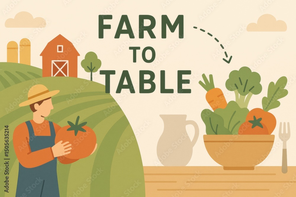 Fototapete farm to table concept illustrating the journey of fresh produce from harvest to preparation in a rus