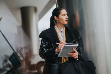 A professional woman standing outdoors, carrying a notebook and a bag, looking ahead thoughtfully....